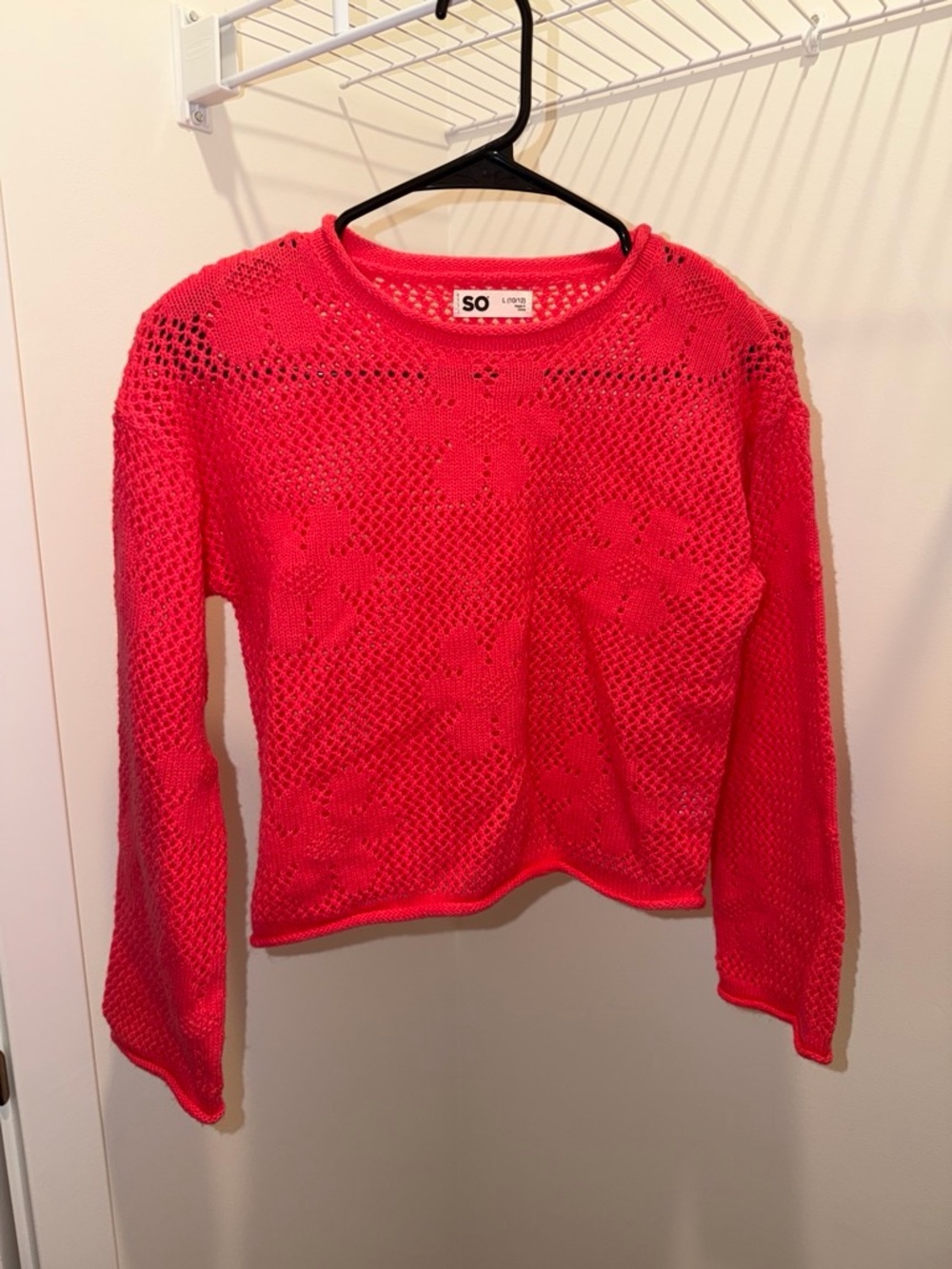 SO Hot Pink Crochet Open-Knit Long Sleeve Sweater
